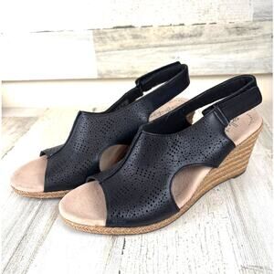 Clarks Womens 9 Black Lafley Rosen Leather Platform Espadrille Sandal NEW